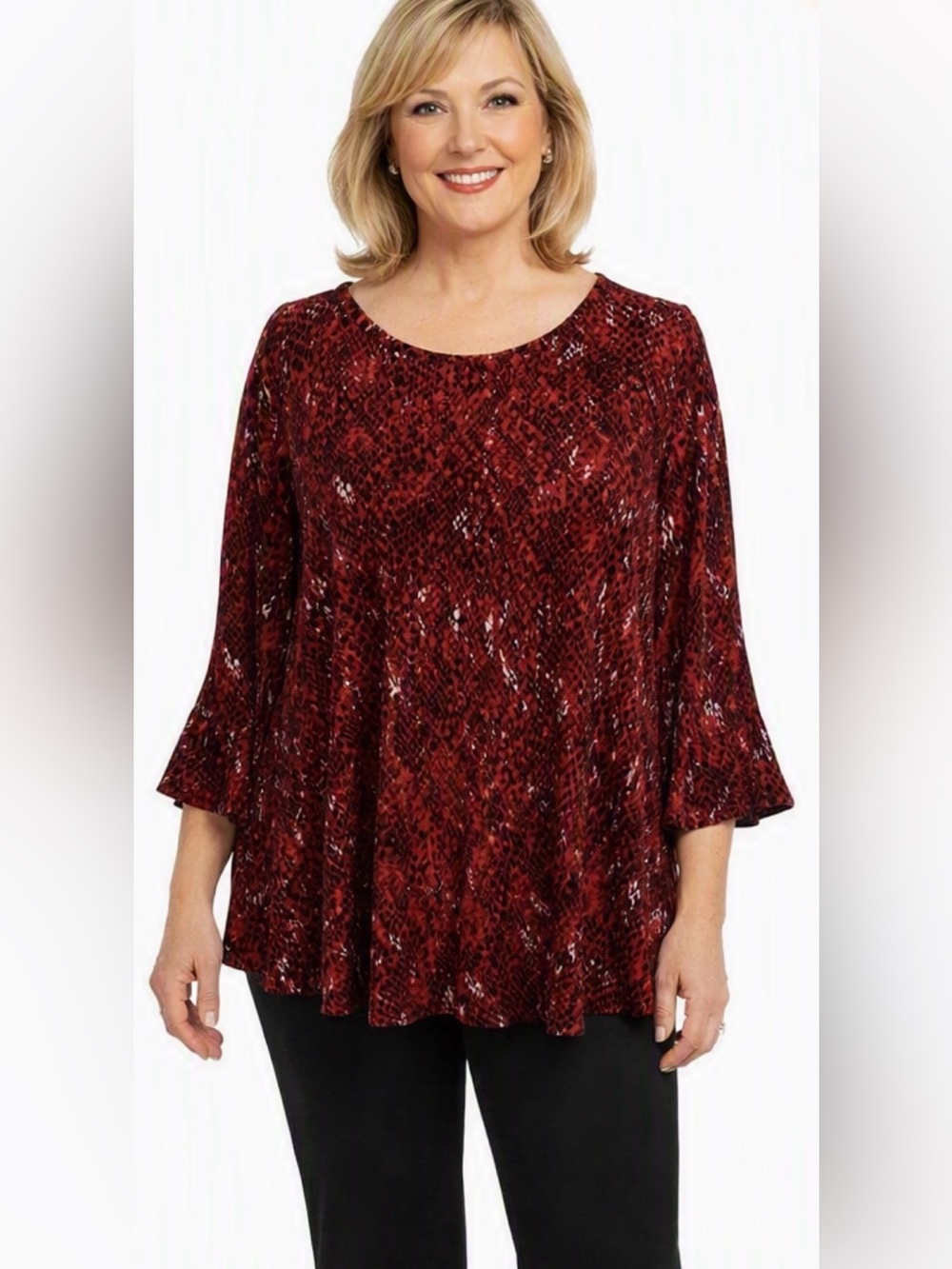 Rafaella Women’s Flutter Sleeve Blouse in Red/Black Reptile Print Sz L